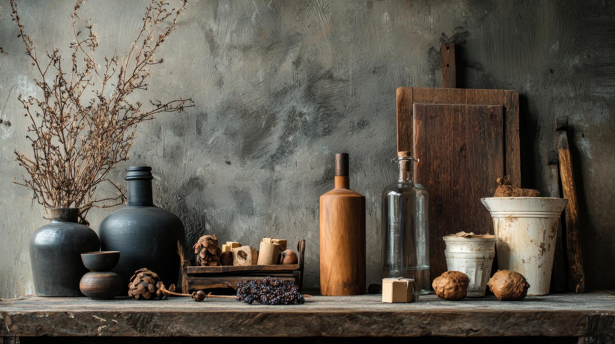 studio counter with jars and vintage scales